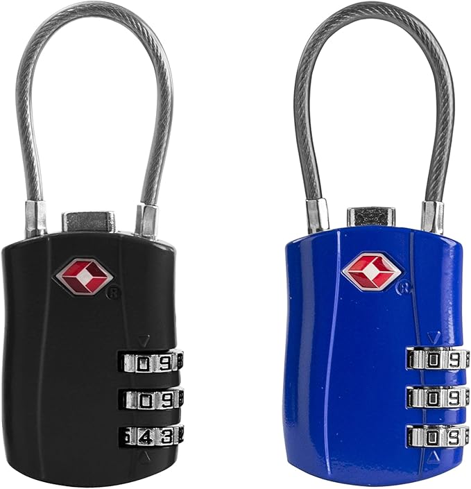 TSA Locks for Luggage, Small Padlock Combination with Cable, Luggage Locks TSA Approved, Combo Padlock with Code, for Travel Suitcase, Gym Locker, Gun Case, Backpack Zipper (Black+Blue)