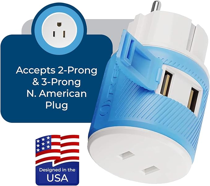 OREI Germany, France, Schuko Travel Plug Adapter with Dual USB - USA Input - Type E/F (U2U-9), Will Work with Cell Phones, Camera, Laptop, Tablets, iPad, iPhone and More
