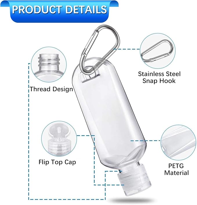5 Pack Refillable Travel Plastic Bottles Containers with Clip Hand Sanitizer Travel Size Holder with Keychain Empty Bottles for Kids and Adult