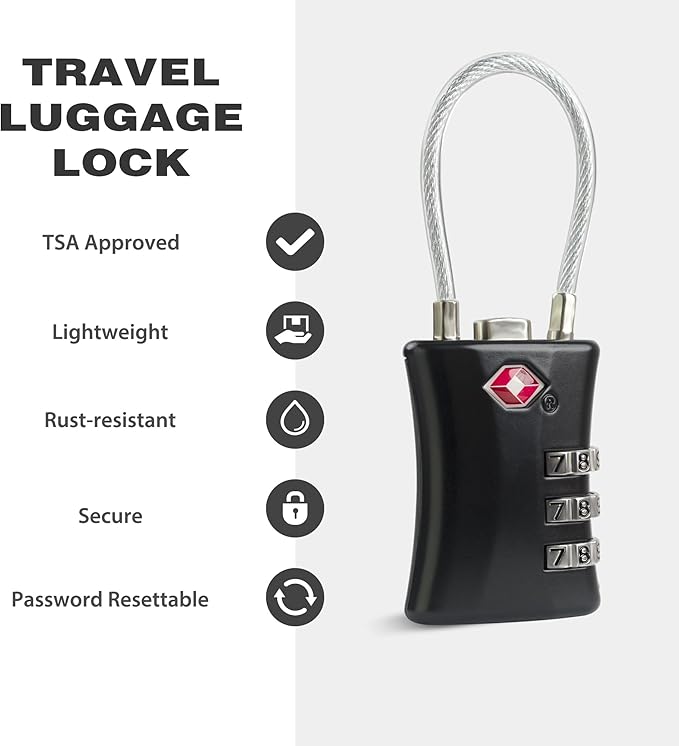 TSA Locks for Luggage, Small Combination Padlock, Luggage Locks TSA Approved, Padlock Combination with Cable, for Suitcase, Gym Locker, Gun Case, Ammo Can, Backpack Zipper (Black+Black)