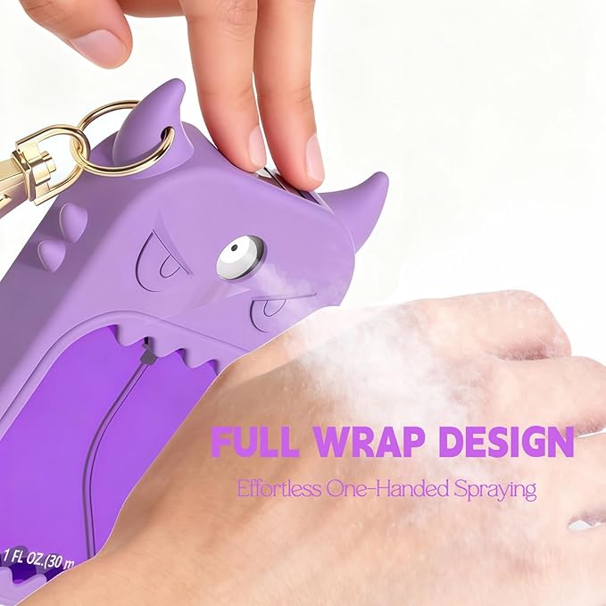 Hand Sanitizer Case Compatible with Touchland 1 Fl Oz, Cute Monster Silicone Spray Holder with Keychain for Bags, Purple