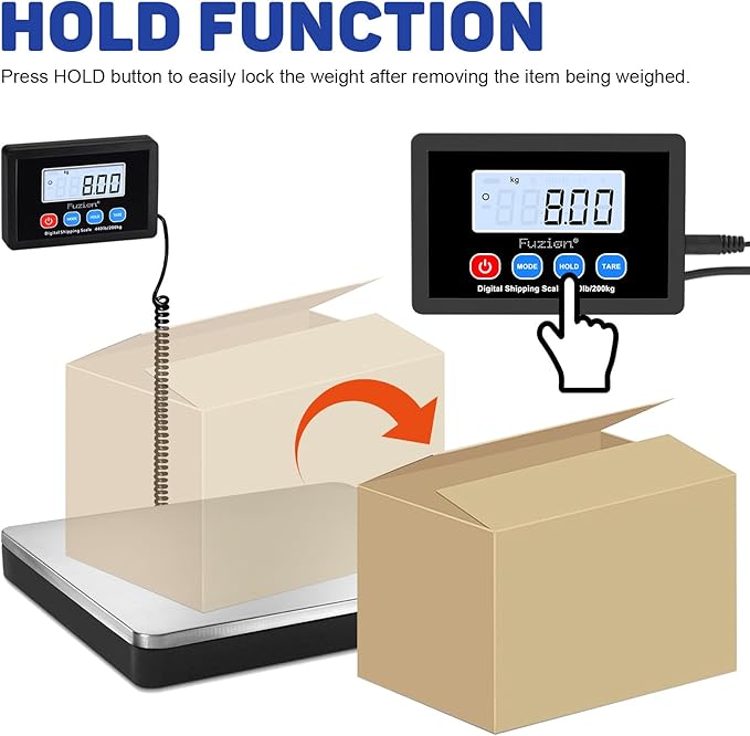 Fuzion Shipping Scale 440lb x 10g Accuracy, Postal Scale with Hold/Tare, Digital Shipping Scale for Packages Small Business, Luggage, Battery & AC Adapter