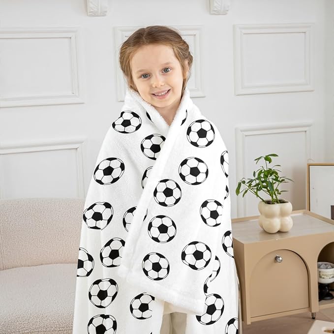 Soccer Kids Throw Blanket,Ball Sports Games Competition Bed Blanket for Girls Boys Adults,American Football Cartoon Fleece Blanket,Black White Unique Fuzzy Blanket,Queen Size (90 x 90 Inches)