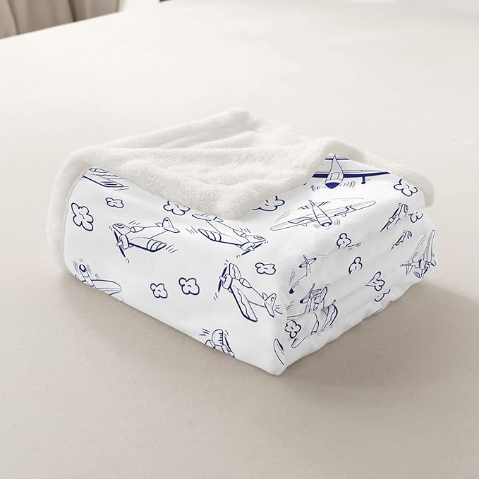 Airplane Kids Throw Blanket,Cartoon Aircraft American Plane Bed Blanket for Girls Boys Adults,Cute Cloud Airplane Fleece Blanket,Blue White Fuzzy Blanket,40 x 50 Inches