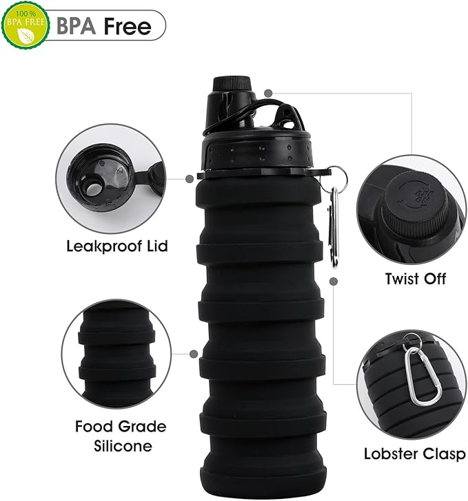 Collapsible Water Bottle for Adults, Boys, Students, Kids, Reusable Silicone Foldable Water Bottles for Travel Camping Hiking, Portable Sports Water Bottle, Black