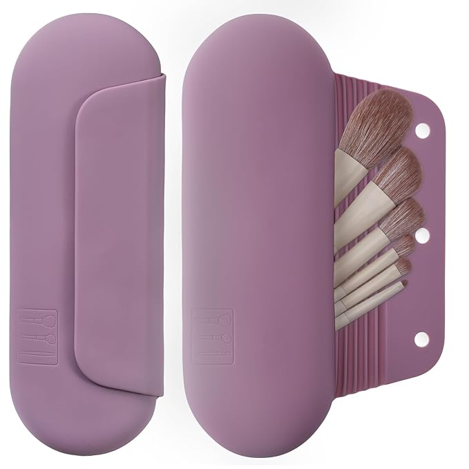 AGIKET Silicone Makeup Brush Holder Travel Cosmetic Bag：Soft Portable Cosmetic Face Brushes Holder with Upgrade Anti-Fall Out Magnetic Closure, Large Travel Makeup Brush Case - Light Purple