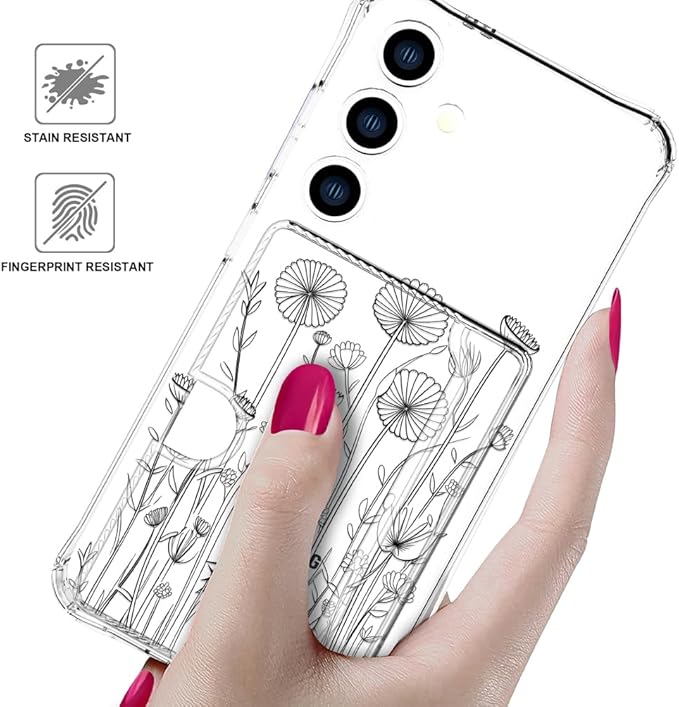 Compatible with Samsung Galaxy S24 / S25 Case Card Holder for Women Cute Design,Wallet Phone Cases Transparent Cool Kawaii Protective (Clear Black Flower Bouquet)