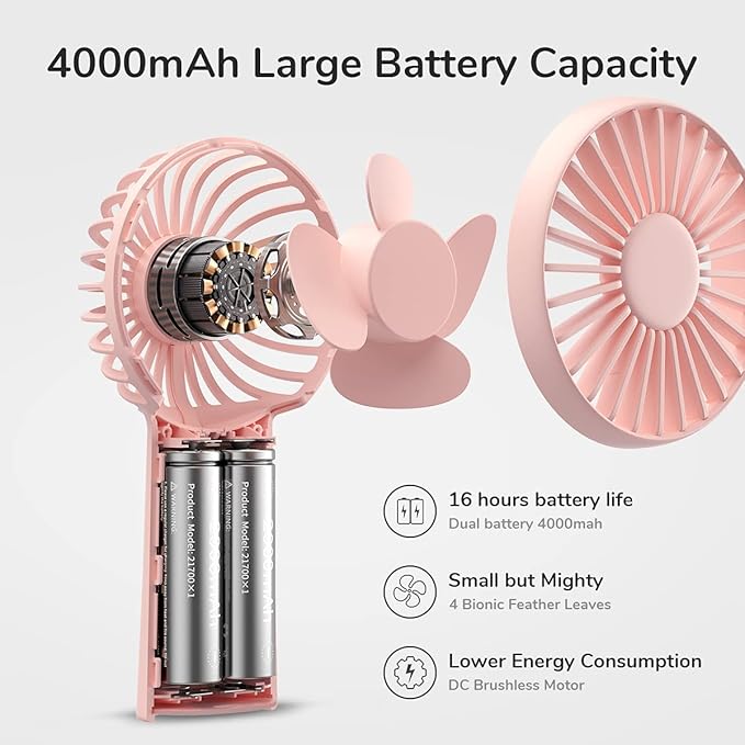 JISULIFE Handheld Fan, 4000mAh Portable Small and Personal USB Rechargeable Pocket [4-16H Working Time] Battery Operated Hand Fan with 3 Speeds for Outdoor/Travel, Summer Gift for Women Men-Pink