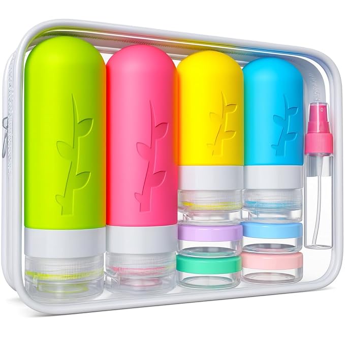 Tocelffe TSA Approved Travel Bottles Set – 18 Piece Leak-Proof Silicone Toiletry Kit with Clear Bag, Refillable Bottles, Jars, Spray Bottle & Accessories for Shampoo, Lotion and Body Wash