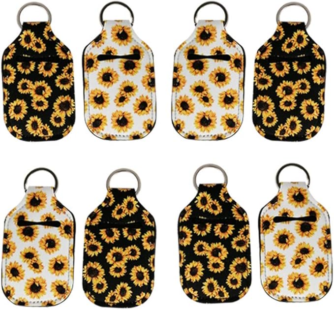 4 Piece Hand Sanitizer Bottle Holder Keyring Neoprene Keychain for 30ML Gym Shampoo Lotion Soap Perfume and Liquids Travel Containers,White Sunflower