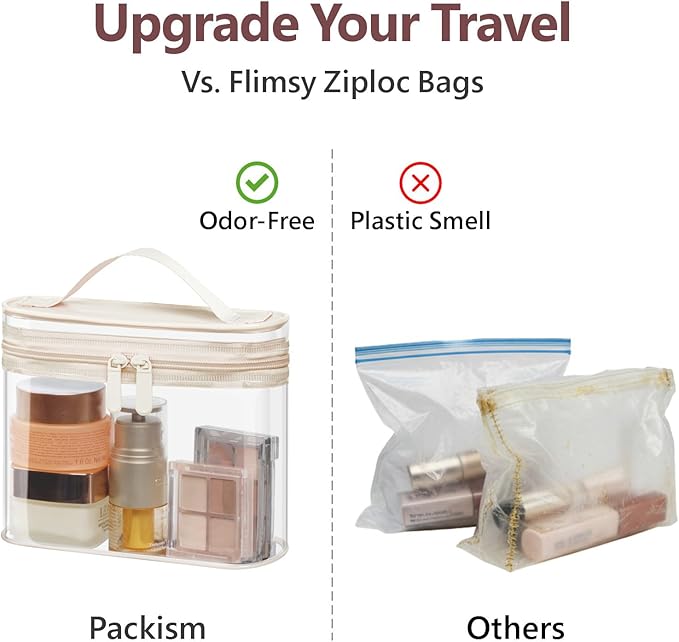 PACKISM TSA Approved Toiletry Bag 2 Pack - Quart Size Clear Makeup Bag with Handle & Dual Metal Zippers, Large Opening 3-1-1 Airline Compliant Security Travel Organizer for Carry On Liquids, Beige