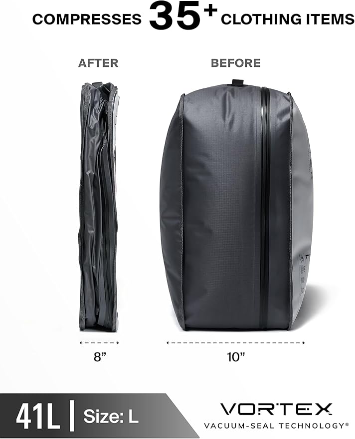 Black Voyage Reusable Vacuum Compression Travel Bag for Carry-On Suitcase and Backpack, Recycled IP67 Waterproof Space Saver Vacpack (1-Pack, 41L - Pump Included)