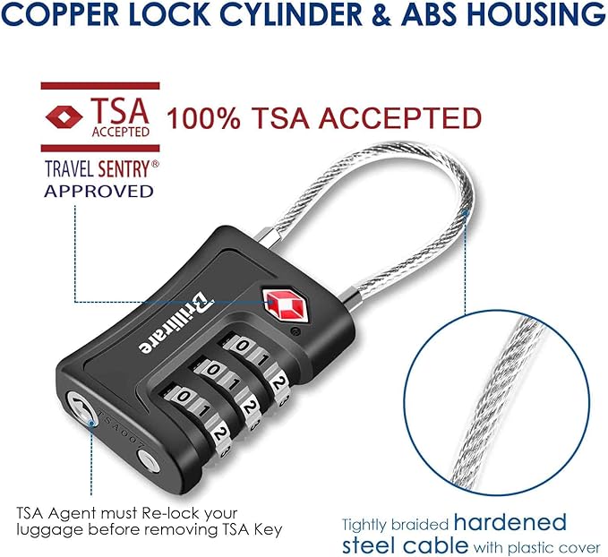 2 Pack TSA Approved Luggage Locks, Combination Travel Cable Padlock, 3-Digit Waterproof Lock, TSA Accepted Outdoor Keyless Resettable Lock for Lockers, Bags, Gym, Gate-Black