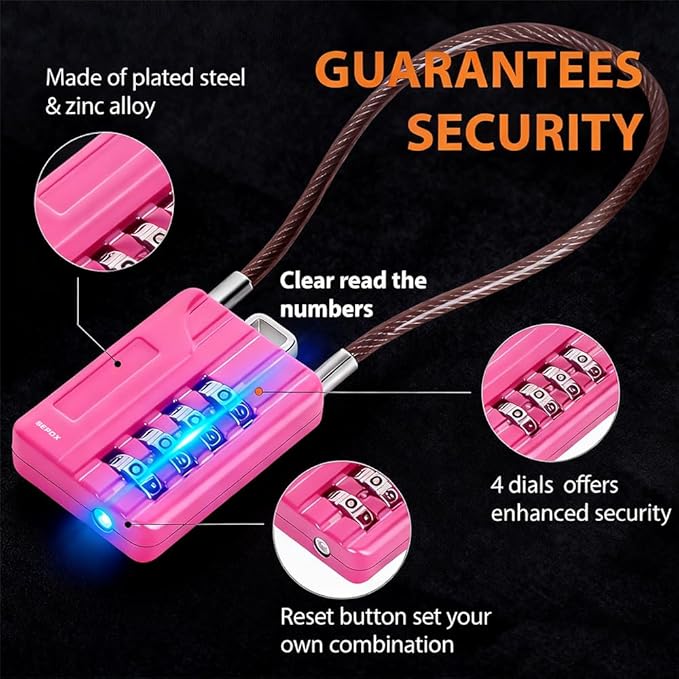 SEPOX® Twins Resettable 4-Digit Combination Padlock, 18cm Compact Vinyl Steel Cable – Multipurpose Lock for Gym Locker, Suitcase, Mini Toolbox – Pink Gym Essentials for Women