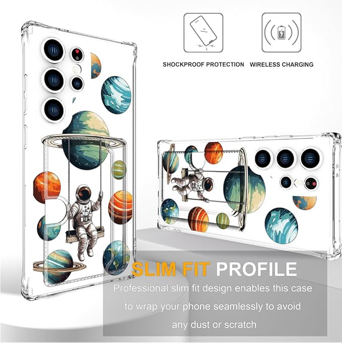 Compatible with Samsung Galaxy S24 Ultra Case Card Holder for Women Cute Design,Wallet Phone Cases Transparent Cool Kawaii Protective (Clear Astronaut Space Planets)