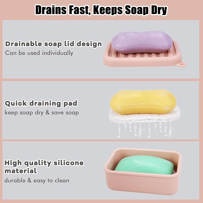 Silicone Leak-Proof Travel Soap Case, Portable Soap Container with Removable Draining Pad, Shatter-Proof Soap Holder for Travel, Gym, Camping, Bathroom(Peach Pink)