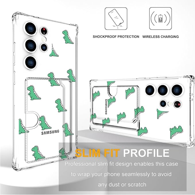 Compatible with Samsung Galaxy S24 Ultra Case Card Holder for Women Cute Design,Wallet Phone Cases Transparent Cool Kawaii Protective (Clear Lovely Dinosaurs Animal)