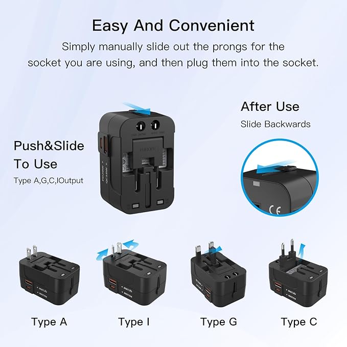 HAPOW Universal Travel Adapter - 1 USB-C & 1 USB-A Fast Charging Travel Charger, Worldwide Plug Adapter for EU UK USA AU, Black