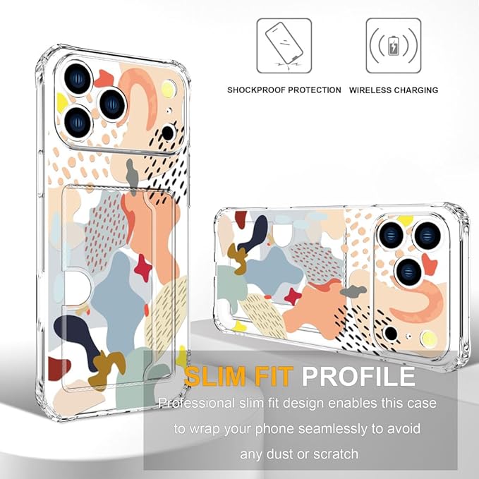 Compatible with iPhone 17 Pro Case Card Holder for Women Cute Design,Wallet Phone Cases Transparent Cool Kawaii Protective (Clear Abstract Art)