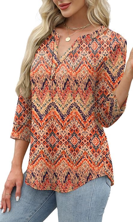 OFEEFAN Womens Tops 3/4 Sleeve Henley Shirts for Women Summer Outfits Fashion Clothing