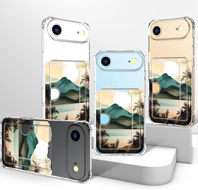 Compatible with iPhone 17 Air Case Card Holder for Women Cute Design,Wallet Phone Cases Transparent Cool Kawaii Protective (Clear Ocean Sun Mountains Sunset)