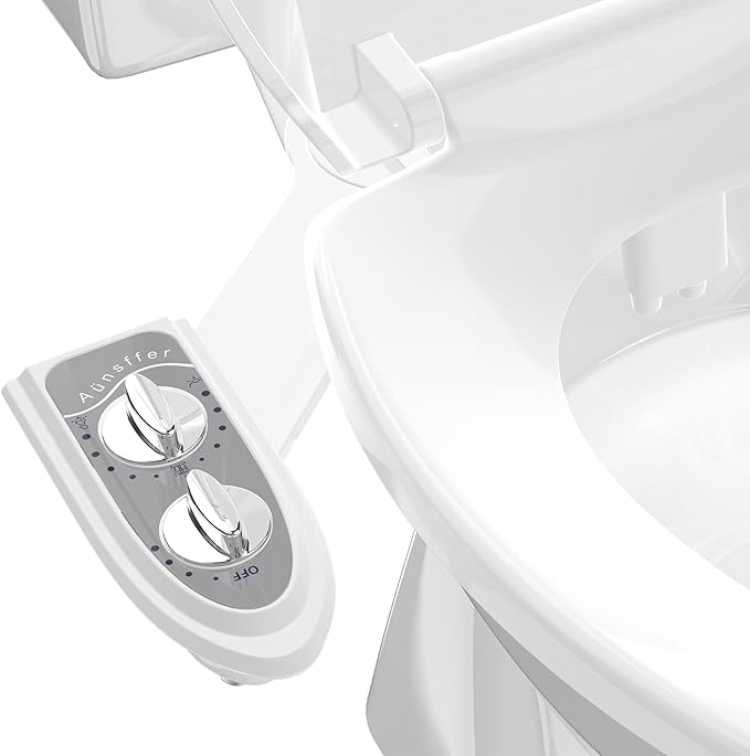 Aünsffer Bidet Attchment for Toilet Grey, Cold Water No-Electric, 3 Wash Modes [Frontal Wash + Rear Wash + Self-Cleaning]，Dual Nozzles Water Pressure Adjustable, Grey
