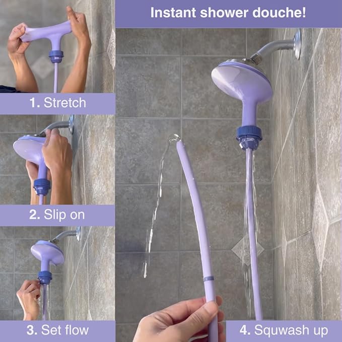 Squwash® Portable Shower Douche, Patented Slip-On Connector with Silicone Tip & Hose – Shower-Powered Hygiene Tool with Travel Bag