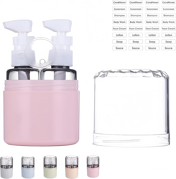 CLOUDEMO Mini Shampoo Dispenser Portable Travel Bottle Set, 2-in-1, 3-in-1, 4-in-1 Mini Dispenser Portable Travel Set, Leak Proof Refillable Travel Containers with Labels (Pink,2 in 1)