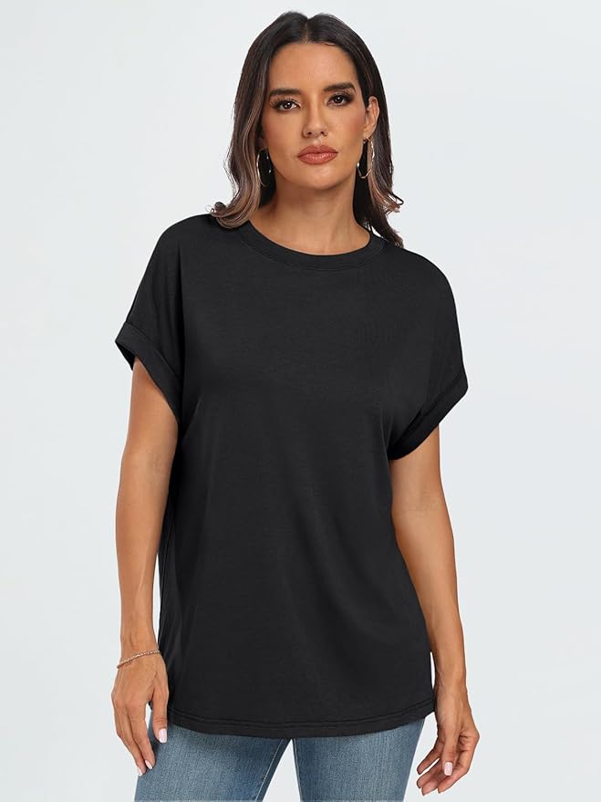 AUTOMET Women's Oversized Short Sleeve T Shirts Casual Drop Shoulder Rolled Cuff Summer Tops for Work, Travel and Lounge