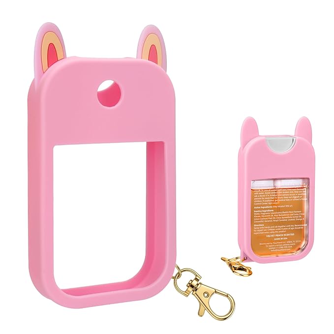 AIERSA Hand Sanitizer Spray Case Compatible with Touchland,Rabbit Ears Design Silicone Hand Sanitizer Case Holder with Keychain for Touch Land Mist Case 1FL. OZ (Pink)