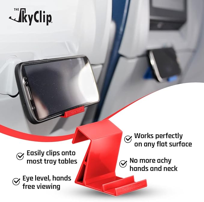 The SkyClip Airplane Cell Phone Back of Seat Inflight Tray Table Clip and Sturdy Inflight Phone Holder, Compatible with iPhone, Android, Tablets, and Readers, Travel Must Have (Red 2 Pack)