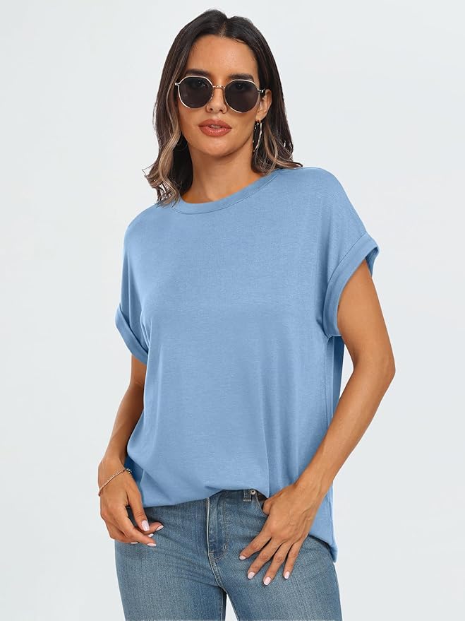 AUTOMET Women's Oversized Short Sleeve T Shirts Casual Drop Shoulder Rolled Cuff Summer Tops for Work, Travel and Lounge