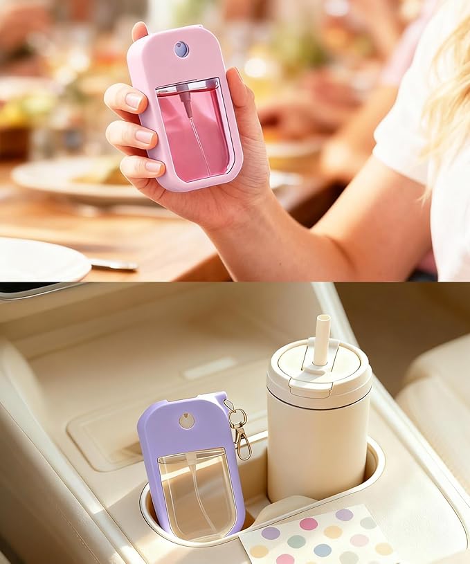 2 Sets Silicone Case Compatible with Touchland Hand Sanitizer Spray 1 FL. OZ./30 mL, Stylish Hand Sanitizer Mist Accessory with Portable Keychain (Pink, Purple)