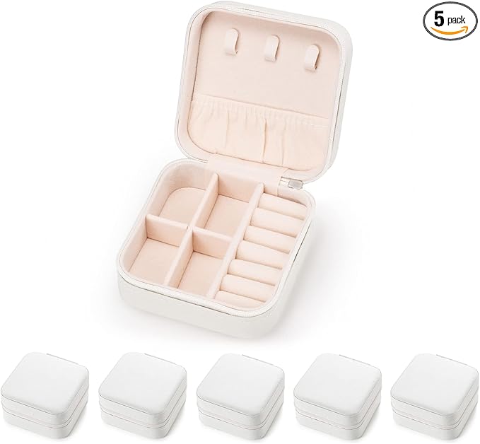 5pack/PU Leather Travel Jewelry Case, Mini Jewelry Box, Small Jewelry Organizer Portable Display Jewelry Storage Case for Rings Earrings Necklace, for Girls Women (White)