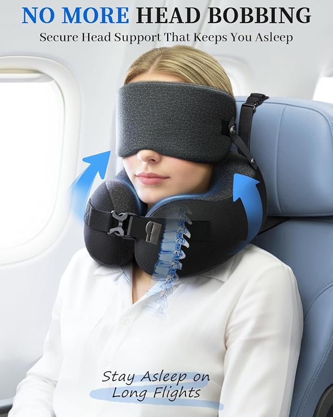 Travel Pillow for Long Flight Airplanes, Head Strap with Soft Eye Mask for Sleep, Memory Foam Travel Neck Pillow for Car Trip Essential, 360° Headrest Support to Stop Bobblehead, EVA Travel Case, Grey