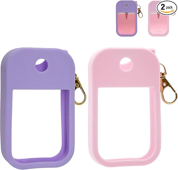 2 Sets Silicone Case Compatible with Touchland Hand Sanitizer Spray 1 FL. OZ./30 mL, Stylish Hand Sanitizer Mist Accessory with Portable Keychain (Pink, Purple)