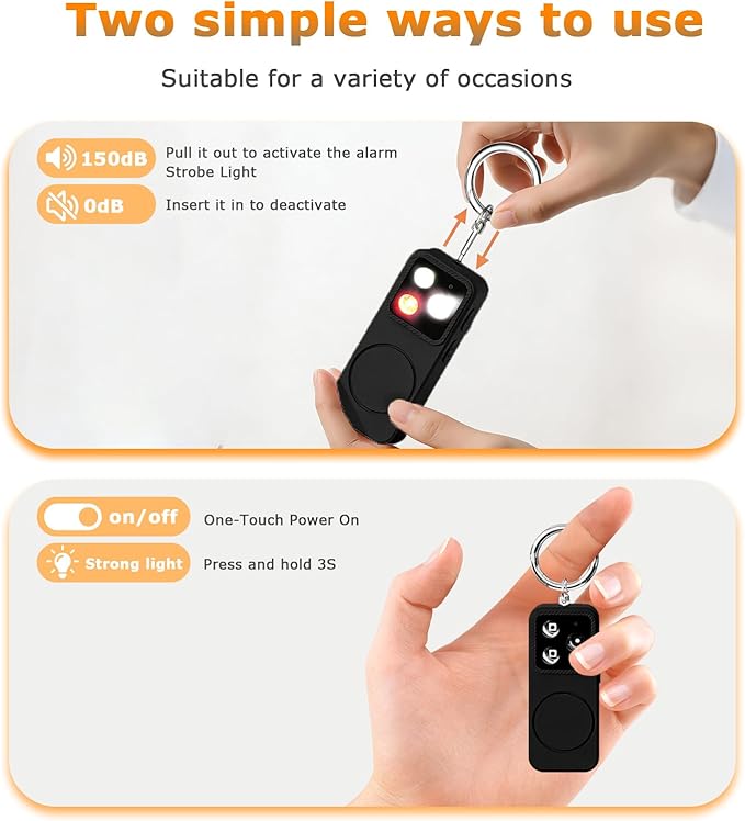 Rechargeable Personal Safety Alarm for Women, 150dB Emergency Siren with Strobe Light, Keychain Safety Alarm with Pull Pin, Compact Self Defense Alarm for Walking, Travel, College and Everyday Carry