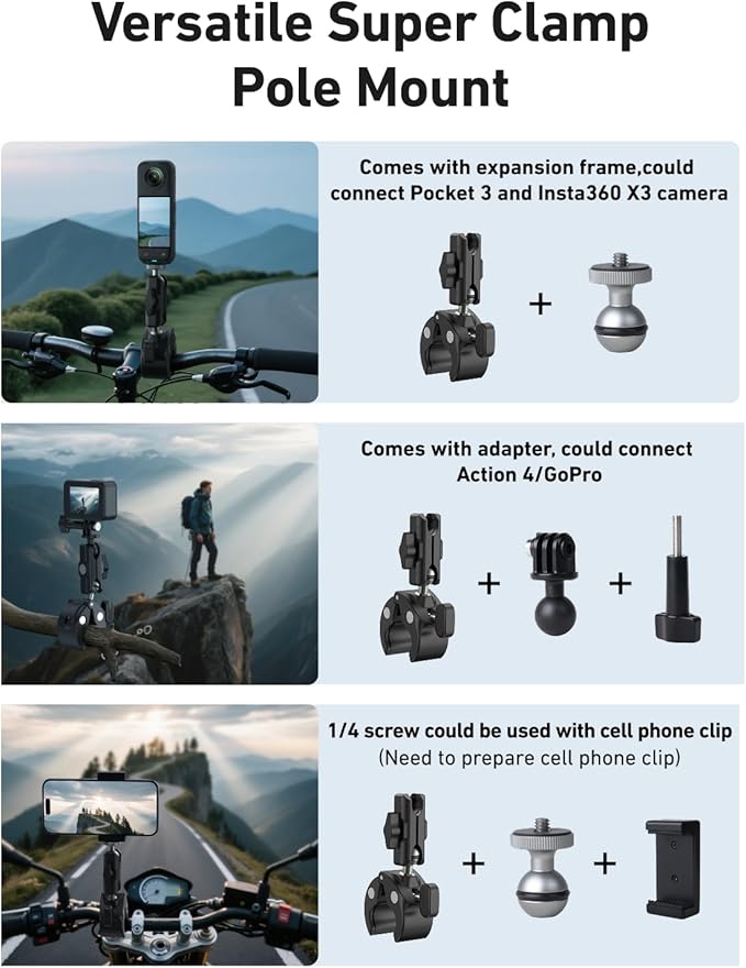 TELESIN Camera Clamp Mount Bike Motorcycle Handlebar Mounts Accessories, 360 Ball Joint Tube Roll Bar Holder Clip for DJI Osmo Pocket 4/DJI Osmo Action 6/Action 5 4 Pro/Hero 13 12 11 10 9/Insta 360 X5