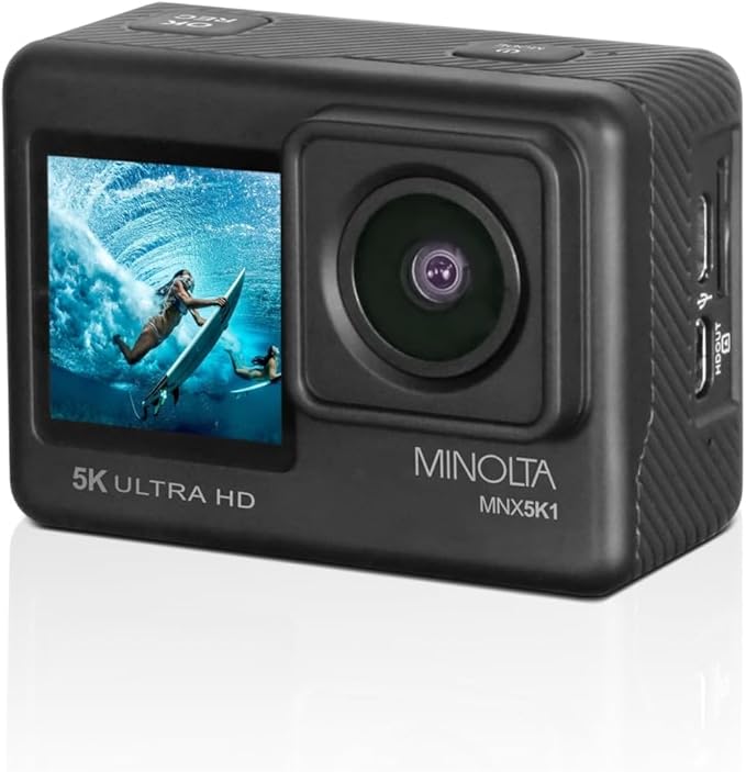 Minolta MNX5K1 5K Ultra HD / 24 MP Action Camera Kit + 32GB Memory Card + Cleaning kit + Diginerds 50 in 1 Go Pro Accessory Pack - Black