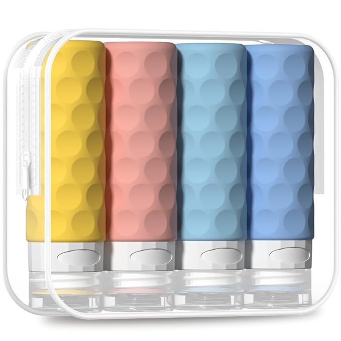 Silevoler Travel Bottles for Toiletries, 4pcs Tsa Approved 3oz Travel Size Containers, BPA Free Leak Proof Premium Silicone Bottles, Refillable Liquid Squeezable Accessories W/Toiletry Bag(Bright)