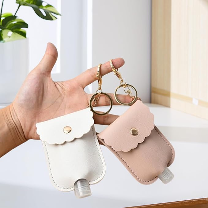 4 Packs Small Hand Sanitizer Holder Mini Hand Sanitizer Holder for Car Keychain Portable Leather Empty Bottles (Black, Pink, Grey, Brown)
