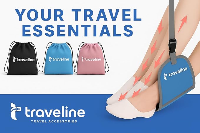 Airplane Foot Hammock – Memory Foam Travel Footrest with Rigid Base, Adjustable Strap for Long Flights & Travel Comfort (Blue)