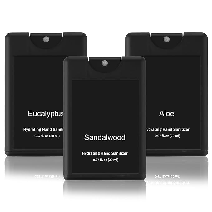Set of 3 Power Mist Hydrating Hand Sanitizer Spray Bulk Travel Size Quick-drying Hand Sanitizer 0.67 Fl. oz Compact Card Spray Bottle Eucalyptus Sandalwood Aloe Scent for Men Car Compartments