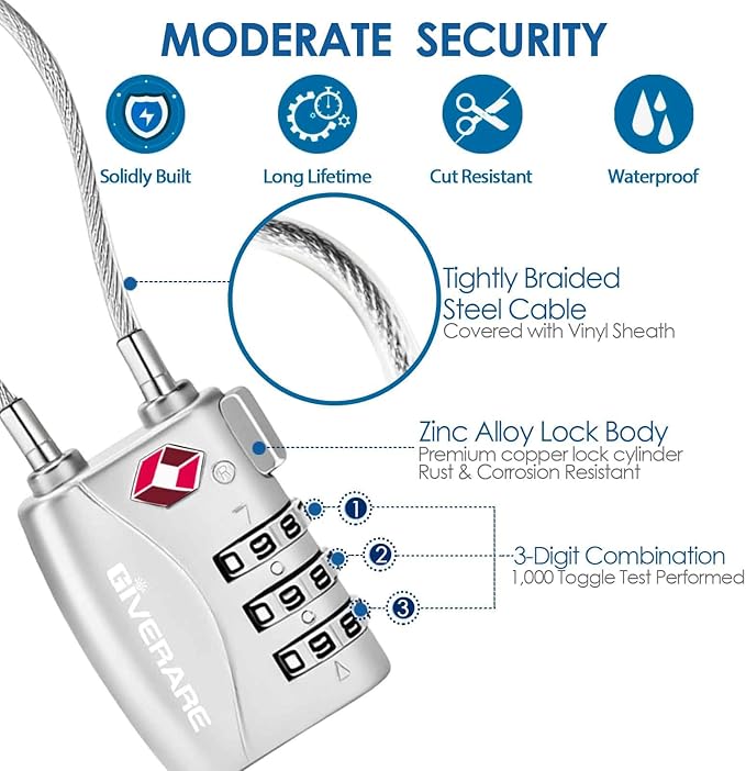 2 Pack TSA Approved Travel Luggage Locks, Long Cable Combination Lock Alloy, Metal Keyless 3-Digit Padlocks, Weatherproof TSA Accepted Padlock for Toolbox Gym Locker Golf Bag Case Backpack-Silver