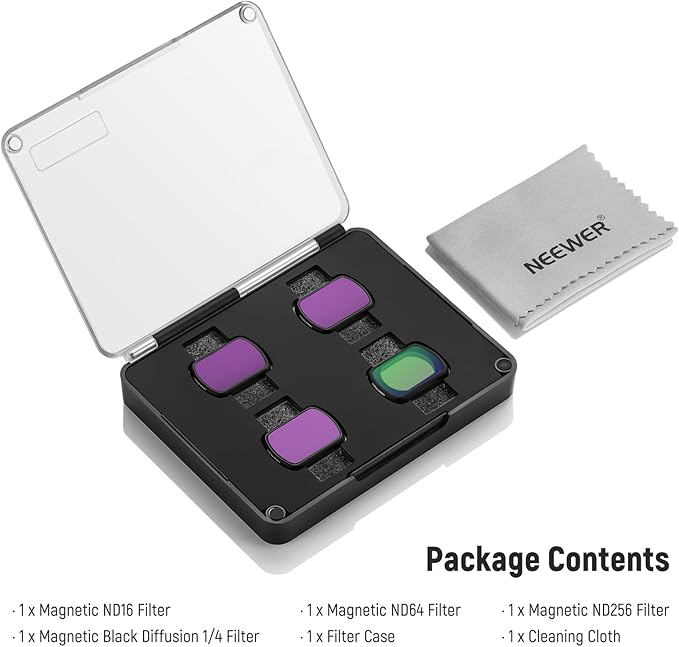 NEEWER Magnetic ND & Black Diffusion 1/4 Effect Filter Kit Compatible with DJI Osmo Pocket 4 & Pocket 3 Creator Combo Accessories, Action Camera 4 Pack Filters, Neutral Density (ND16 ND64 ND256)