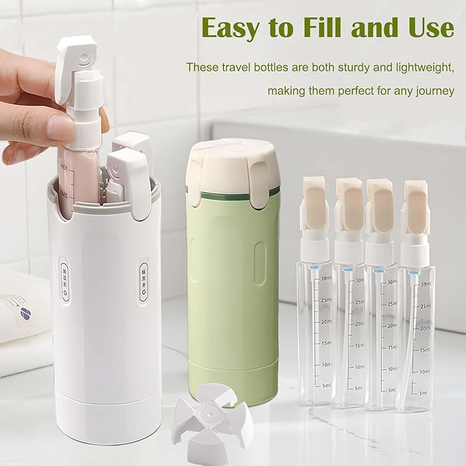 4 in 1 Travel Bottles for Toiletries - Refillable, Leak Proof, Portable Containers for Shampoo Lotion Conditioner Cream - Transparent with Scale and Label - for Business Trips Gym Camping (Green)