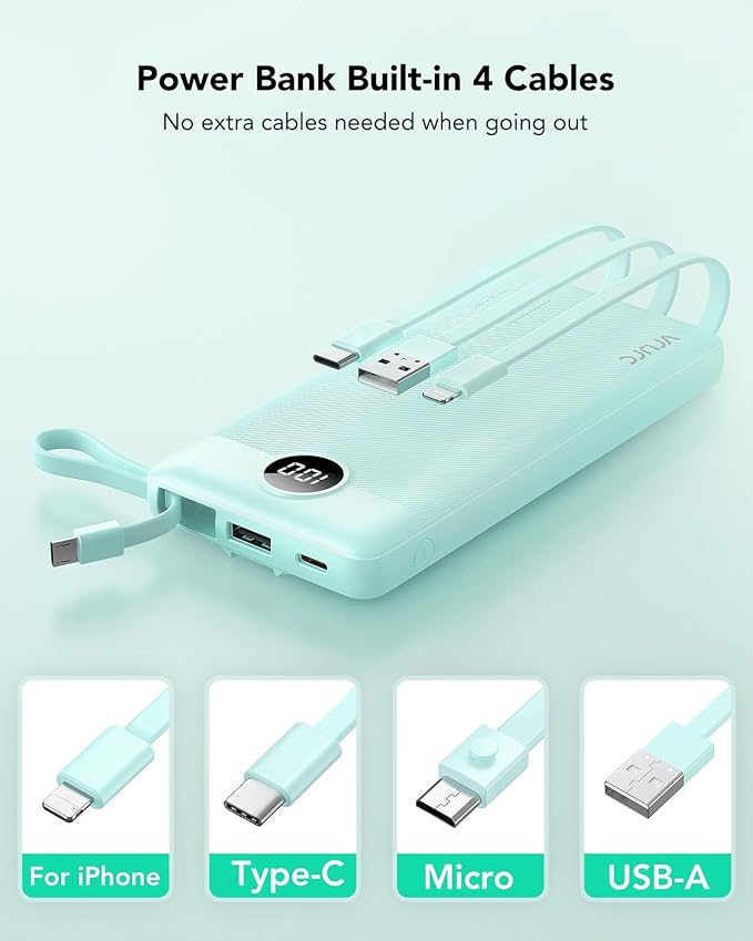 VRURC Portable Charger for iPhone, Compact Travel Power Bank 10000mAh, USB C Battery Pack 4 Outputs 3 Inputs, Slim Phone Charger with Cables for iPhone 17 16 15 14 13,Samsung Galaxy-Green(1 Pack)