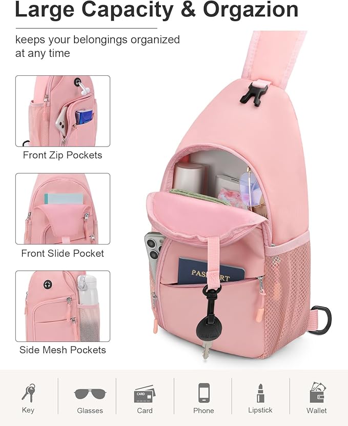 Pritent Crossbody Bags for Women Man Waterproof Sling Bag Backpack Trendy Casual Cross Body Bag with Convertible Shoulder Strap Chest Bag for Camping Hiking Travel Essentials (Pink, Large )