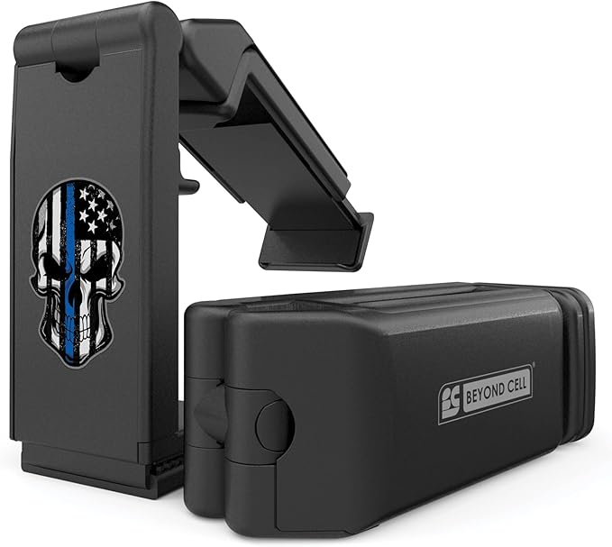 Beyond Cell Travel Accessories, Universal Seat Back Tray Table Hands Free Phone Clip Holder, Adjustable Pocket Size Airplane Travel Essentials Compatible with iPhone and Android Thin Blue Line Skull