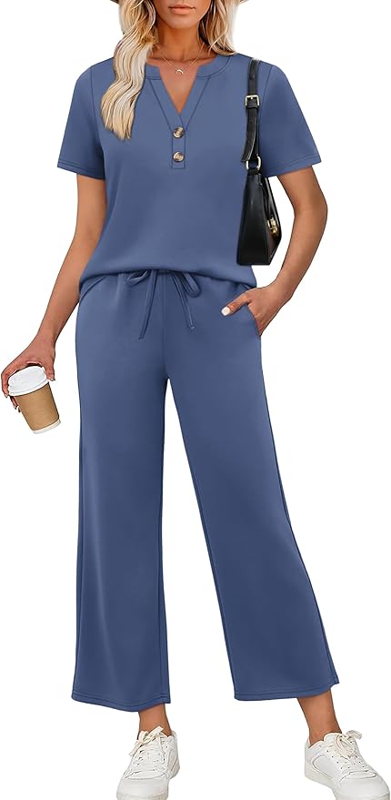 OFEEFAN 2 Piece Sets for Women Spring Fashion Beach Vacation Cruise Outfit Dressy Casual Wide Leg Crop Pants Resort Wear